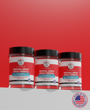 Three containers of Original Angus Steak Formula on a red background with an American flag label.