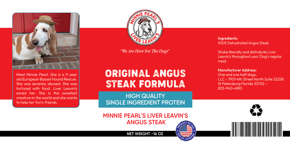 Minnie Pearl's Fresh Leavens dog food label with a dog photo and product details.