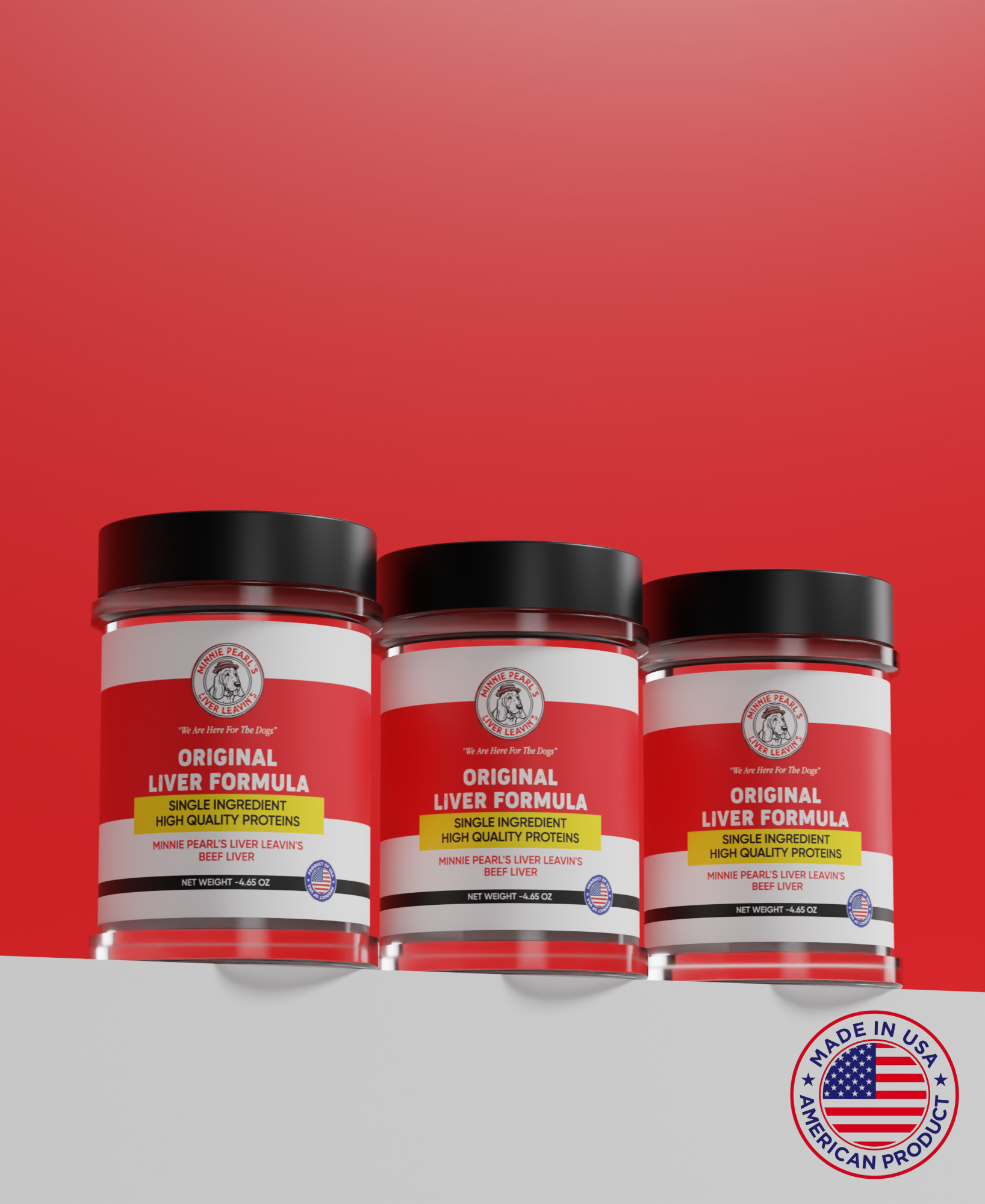 Three containers of Original Liver Formula with a red background