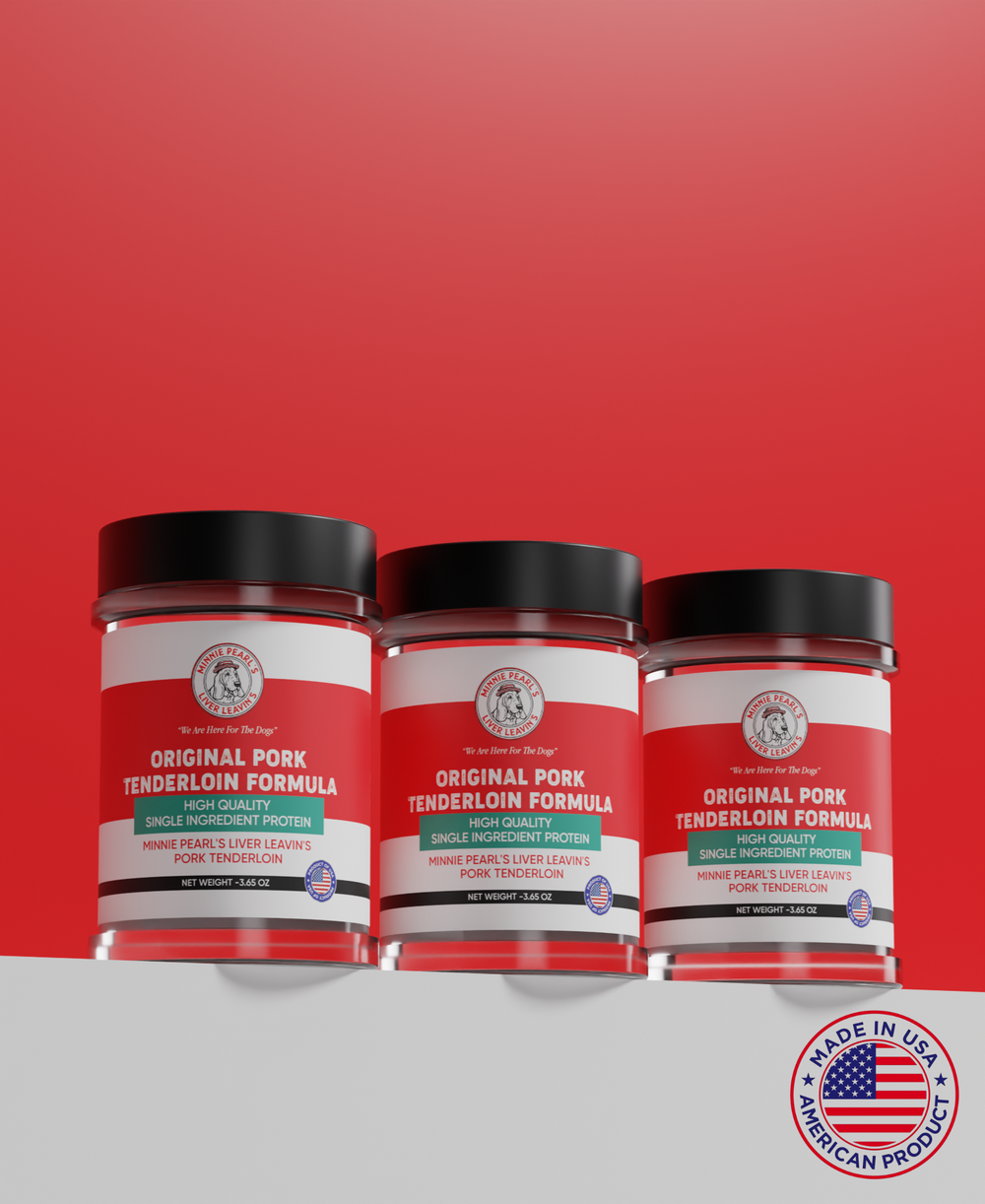 Three jars of Original Pork Tenderloin Formula on a red background with an American flag label.