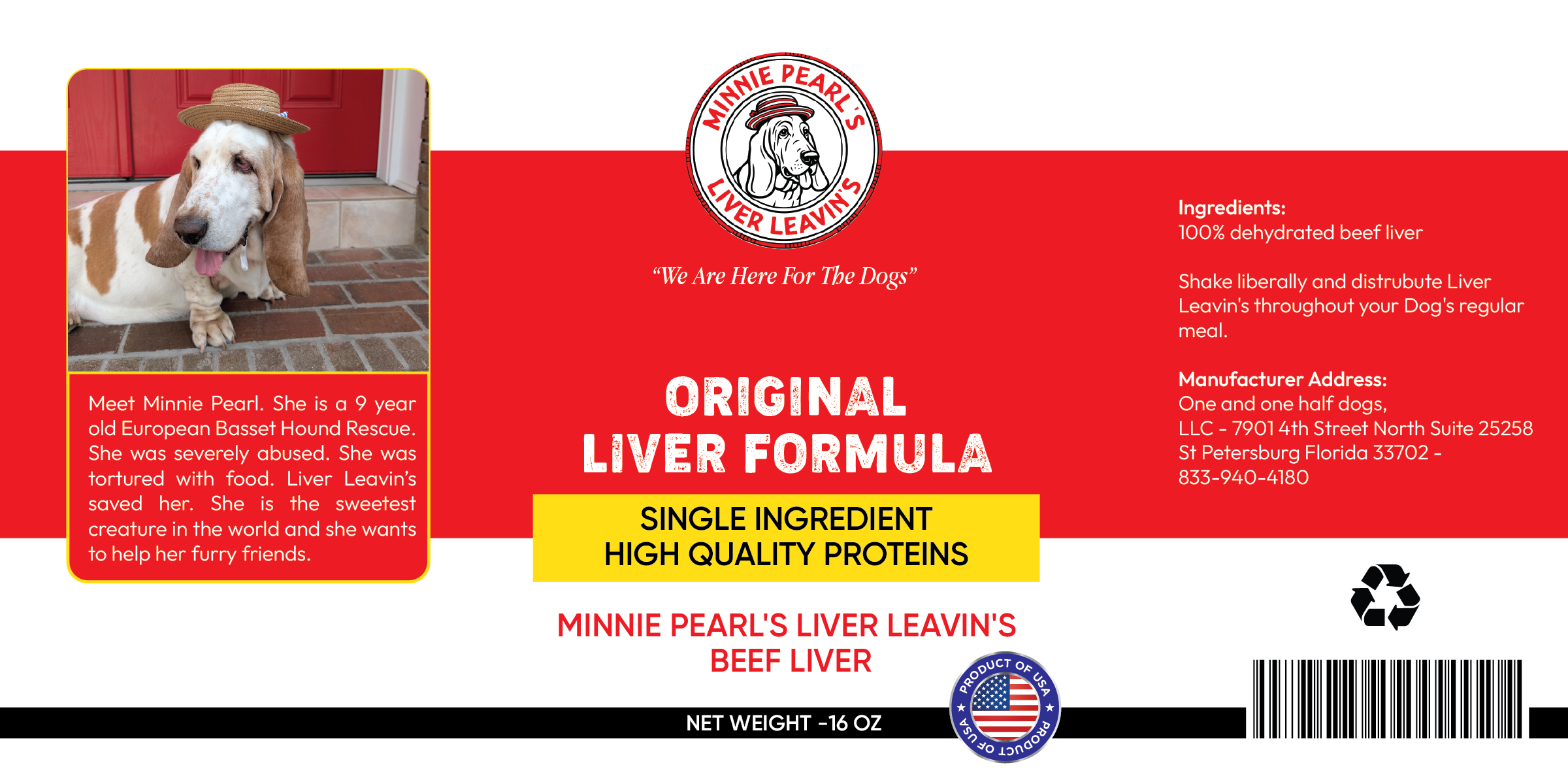 Minnie Pearl's Liver Leaven dog food label with a photo of a dog wearing a hat.