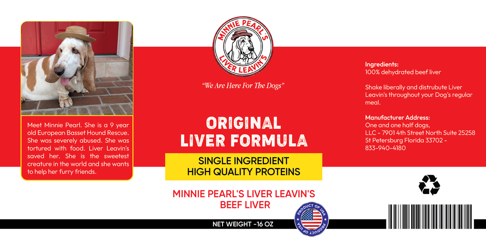 Minnie Pearl's Liver Leaven dog food label with a photo of a dog wearing a hat.