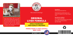 Minnie Pearl's Liver Leaven dog food label with a photo of a dog wearing a hat.