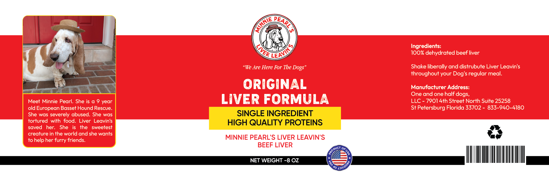 Dog food label with a dog's face on a red background