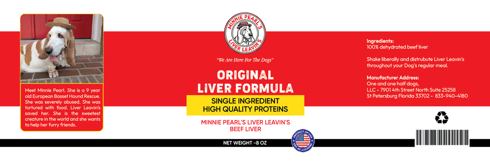 Dog food label with a dog's face on a red background
