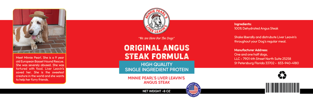 Dog food label with a dog on a red background