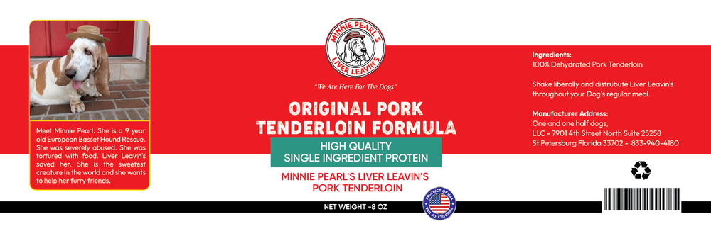 Dog food label with a dog on a red background