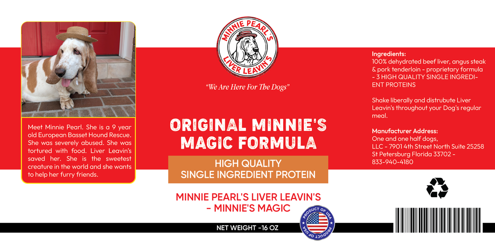 Minnie Pearl's Fish Leathers label with a dog and text on a red background