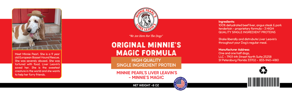 Dog food label with a dog's face on a red background