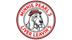 Logo of Minnie Pearl's Liver Leavin' with a dog illustration and red border on a white background