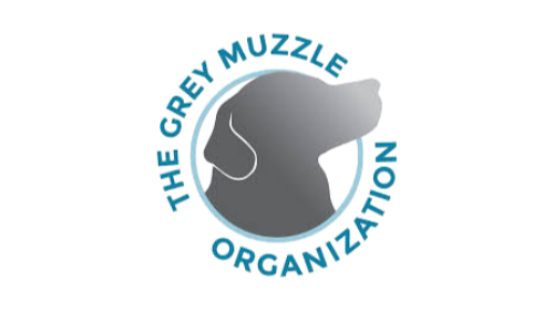 Logo of The Grey Muzzle Organization with a silhouette of a dog on a white background