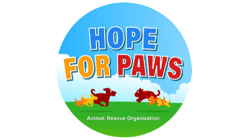 Logo of Hope for Paws Animal Rescue Organization with cartoon dogs on a blue and green background.