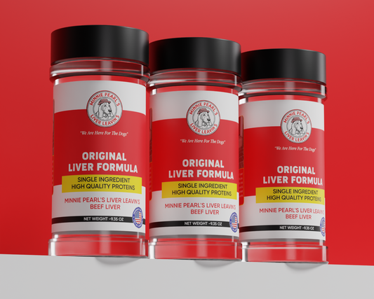 Three jars of Minnie Pearl's Original Liver Formula on a red background