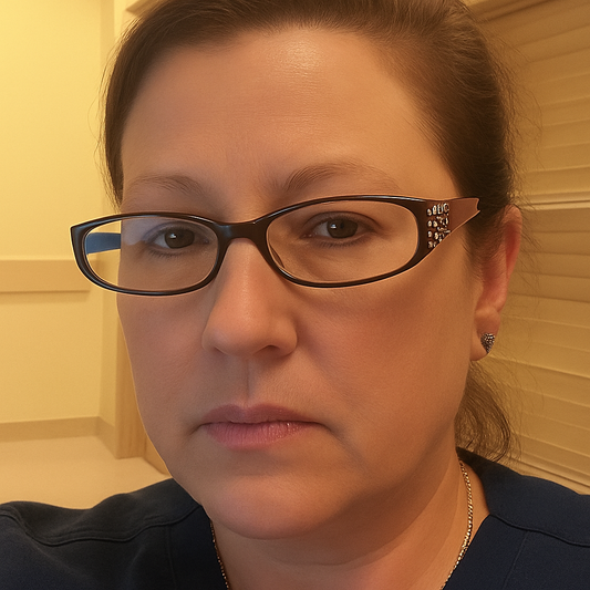 Close-up of a person wearing glasses with a neutral background