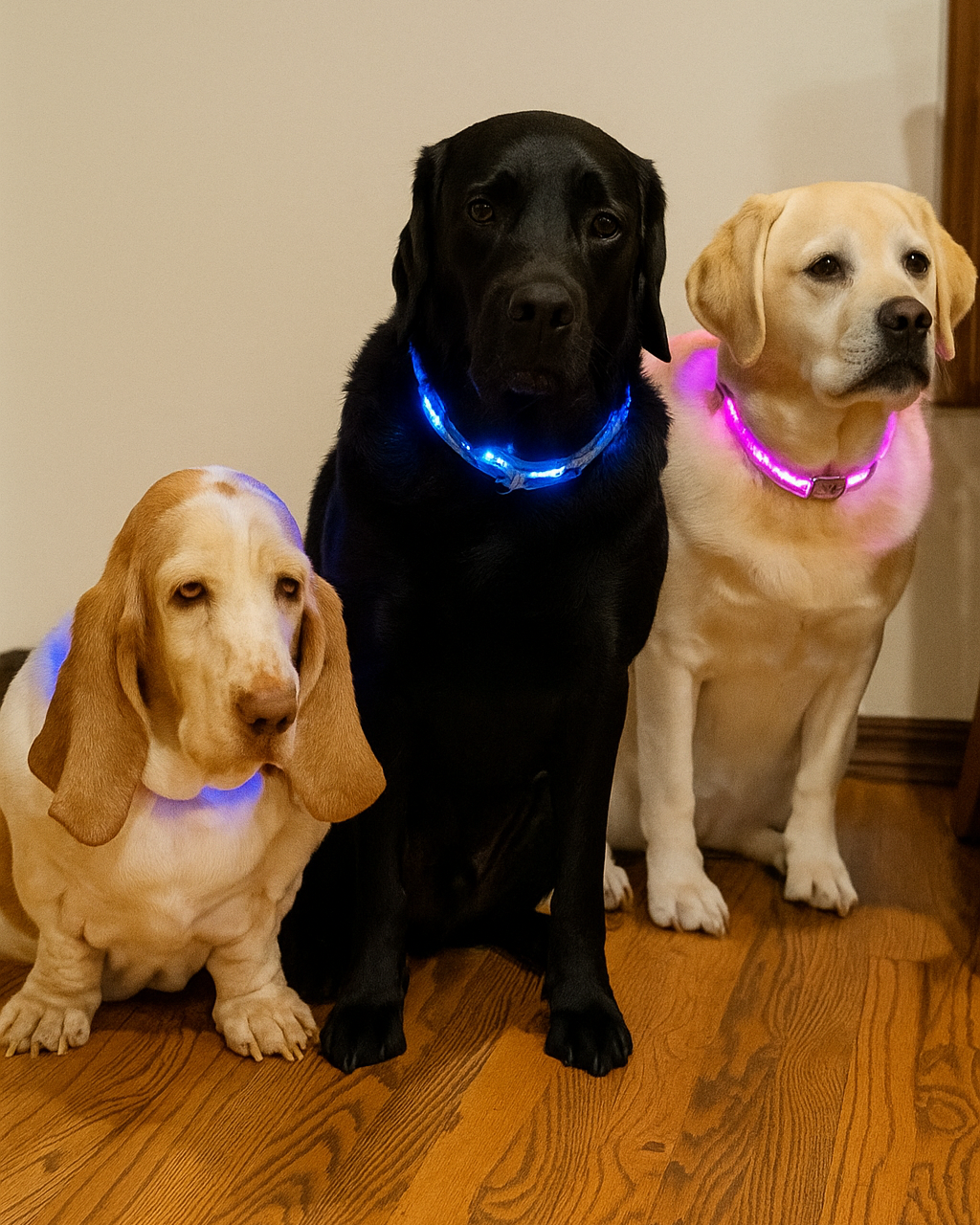 Three dogs wearing LED collars on a wooden floor.